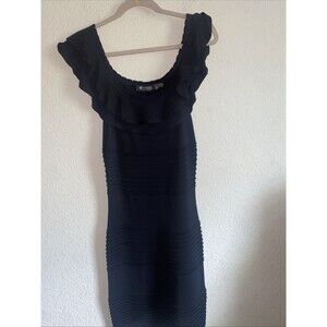 Guess Off Shoulder Dress Formal Career Black Midi 8 Knit Stretch 90s Old Money
